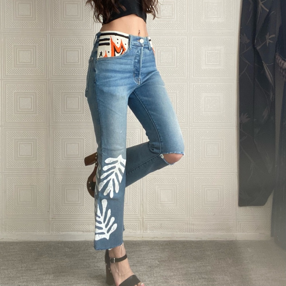 Comfy Lost Daze jeans with a fun vibrant pattern